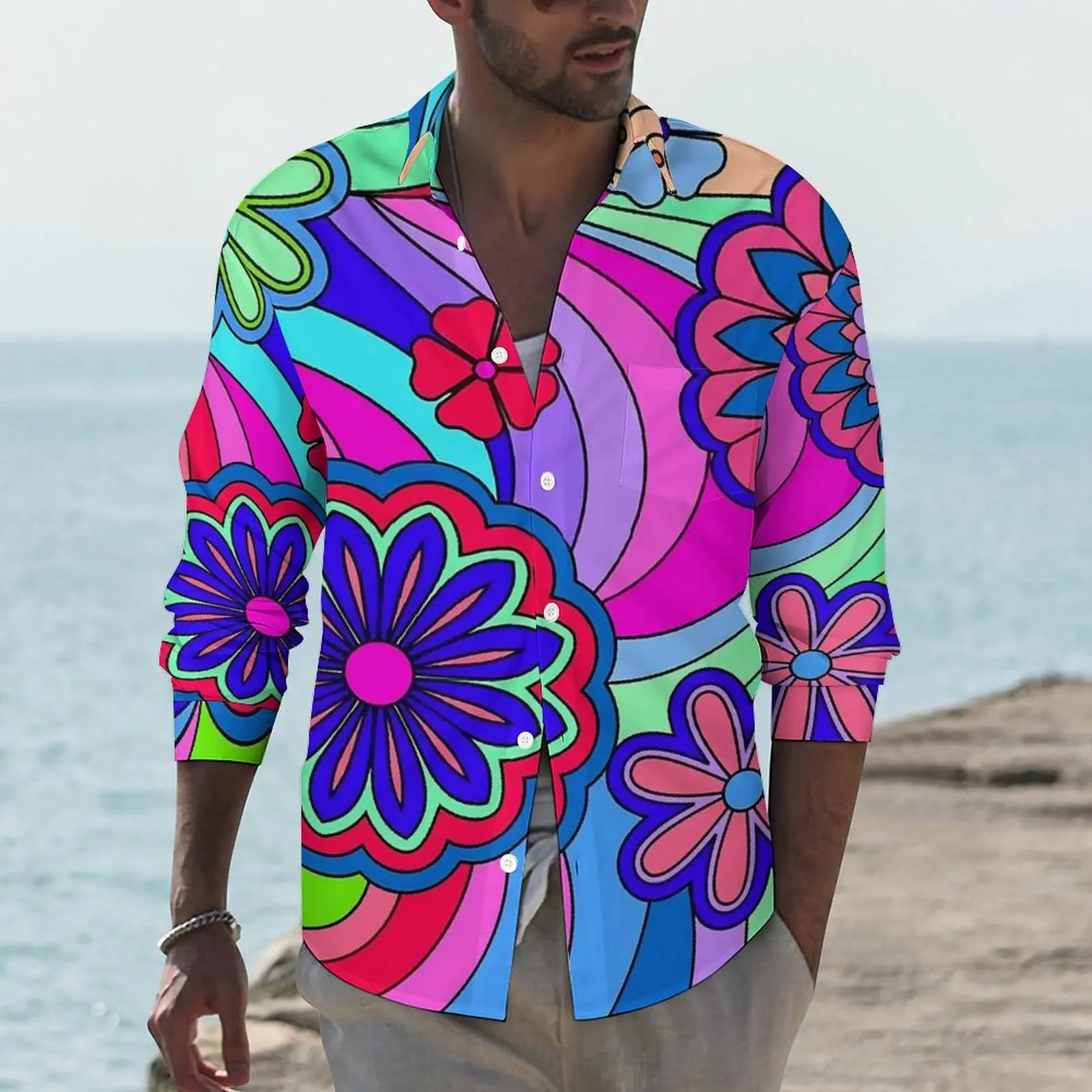 

Flower Power Y2K Casual Shirt Men Groovy Hippy Shirt Autumn Loose Blouses Long Sleeve Custom Oversize Clothing