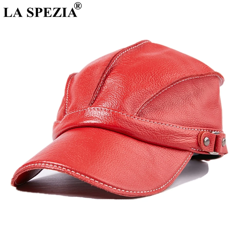 LA SPEZIA Red Genuine Leather Caps Cowskin Baseball Cap Men Women Snapback Hat Male Adjustable Luxury Quality Baseball Hats