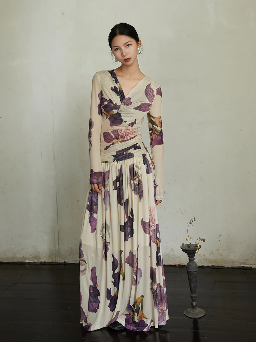 

943 Paradise Autumn New Chinese Deconstructed Pleated Low Waist Iris Print Slimming Two Piece Set Dress Midi A-Line Skirt