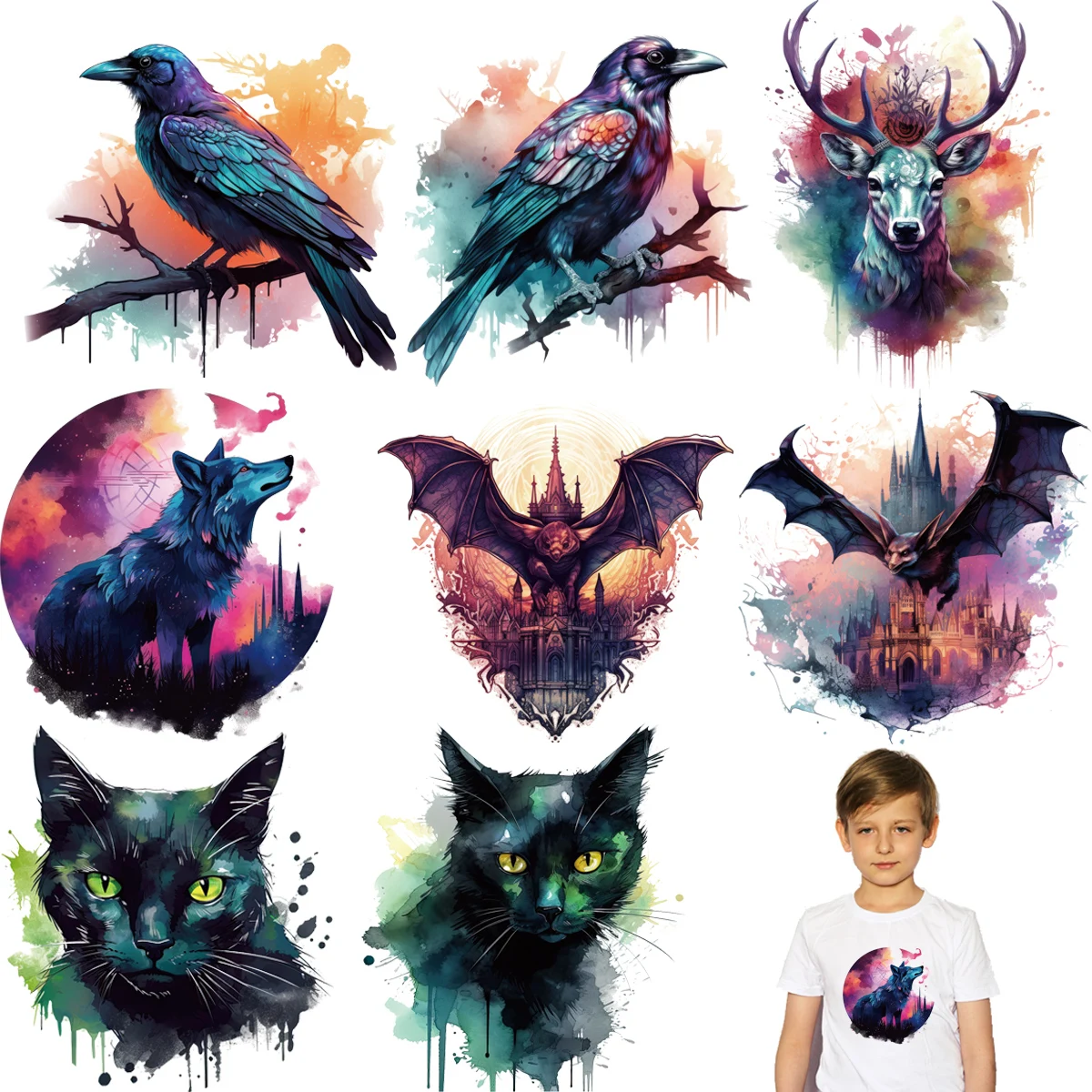 Thermal Stickers Night Animals Patches Print On T-Shirt Washable New Design Diy Accessory Clothes Decoration Patches Cat Wolf