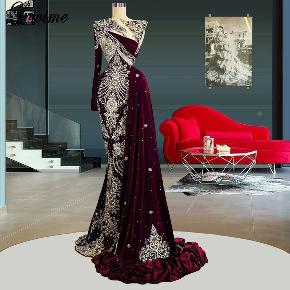 

Luxury Burgundy Muslim Evening Dresses With Beads Arabic One Shoulder Celebrity Dresses Evening Wear Vestido Festa Luxo Coutures