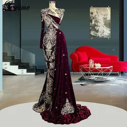 Luxury Burgundy Muslim Evening Dresses With Beads Arabic One Shoulder Celebrity Dresses Evening Wear Vestido Festa Luxo Coutures