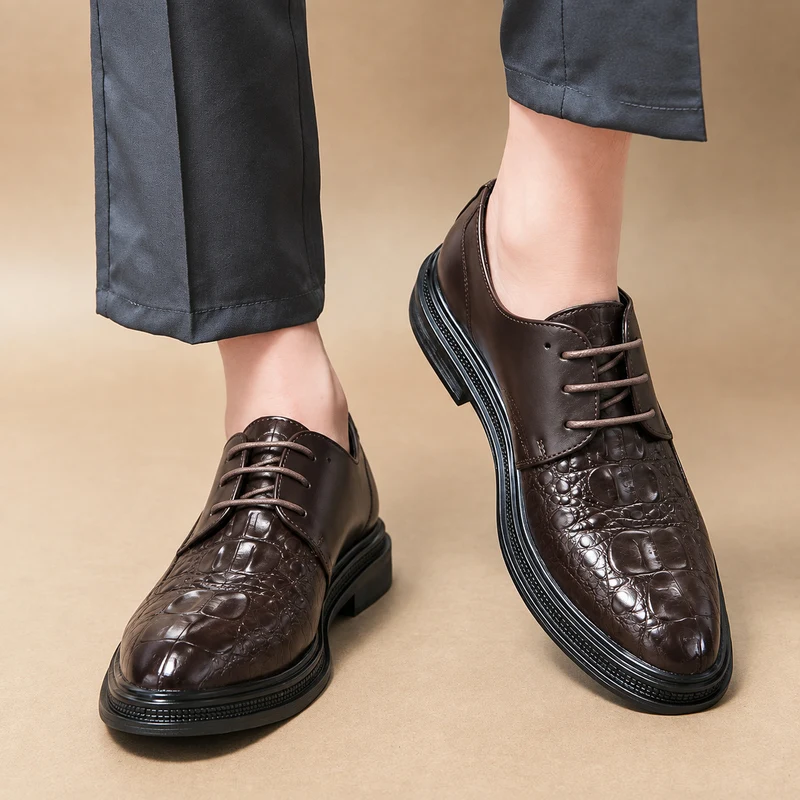 Fashion Brand Men Comfortable Lace Up Oxford Shoes Autumn New Round Headed Crocodile Pattern Business Formal Men's Leather Shoes