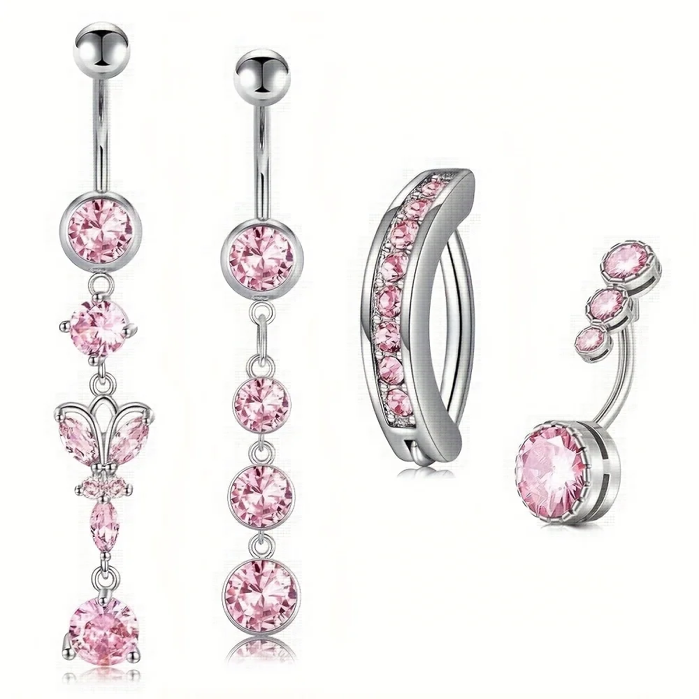 4pcs Silvery Pink Belly Rings 10mm Dangle Butterfly Style, Cute Dangly Belly Button Rings Reverse Belly Bar Stainless Steel