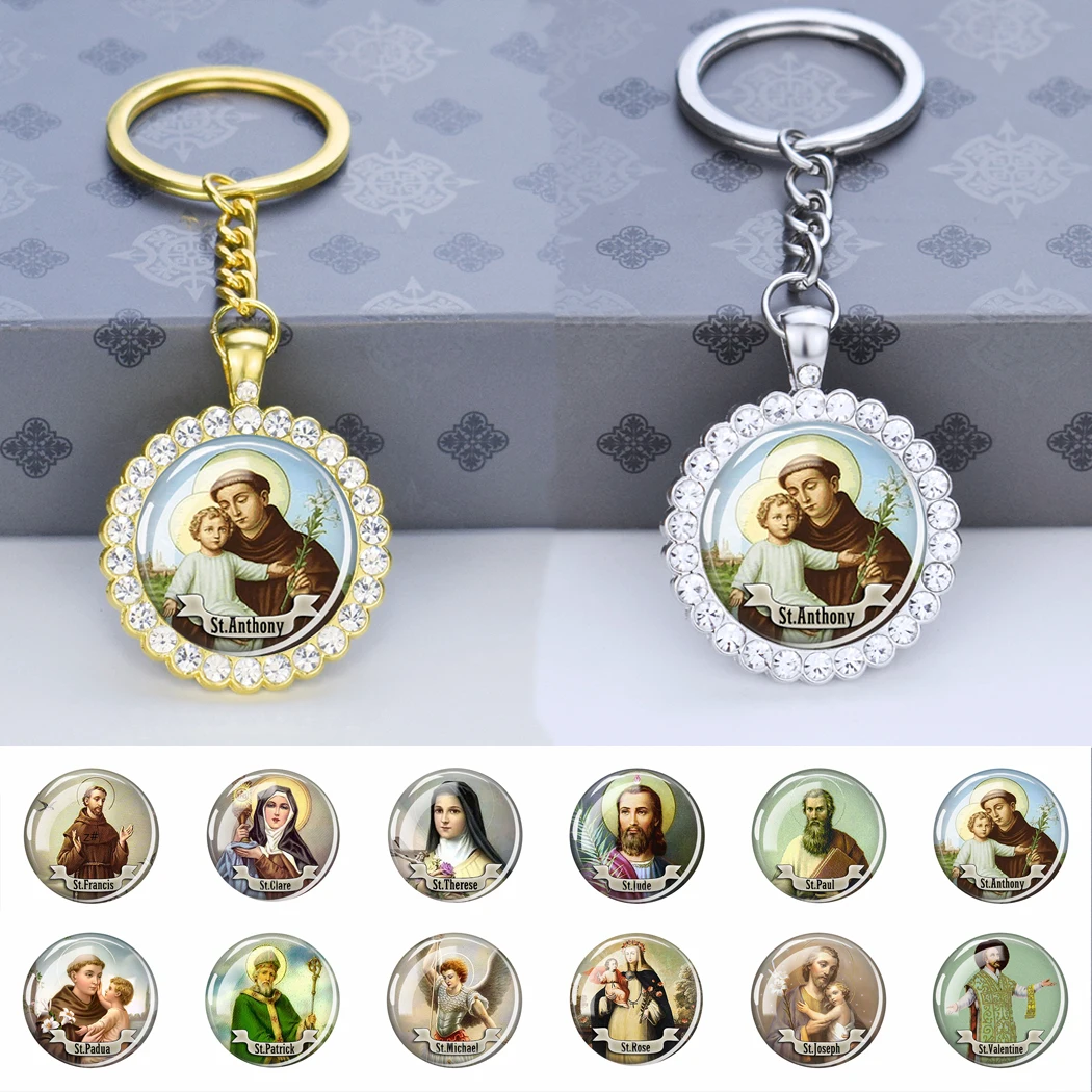 12 Saints Keychain Ladies Bag Charm Christian Jewelry Fashion Shiny Rhinestone Glass Cabochon Silver Color Pendant ST Keychain