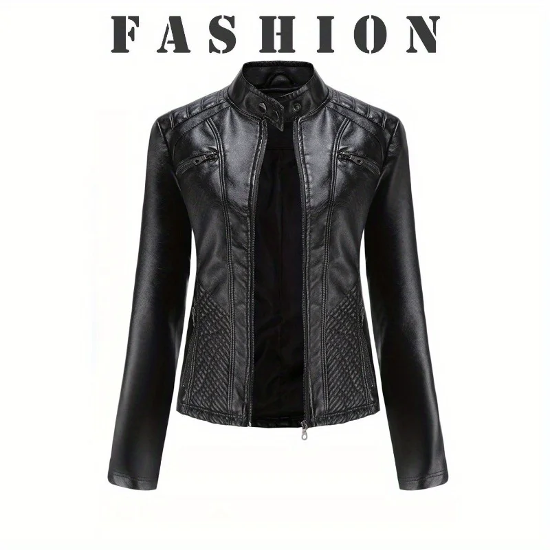 

New Women's Casual Leather Jacket Stand Collar Jacket Slim Jacket for Women Spring and Autumn Solid Color Women's Leather Jacket
