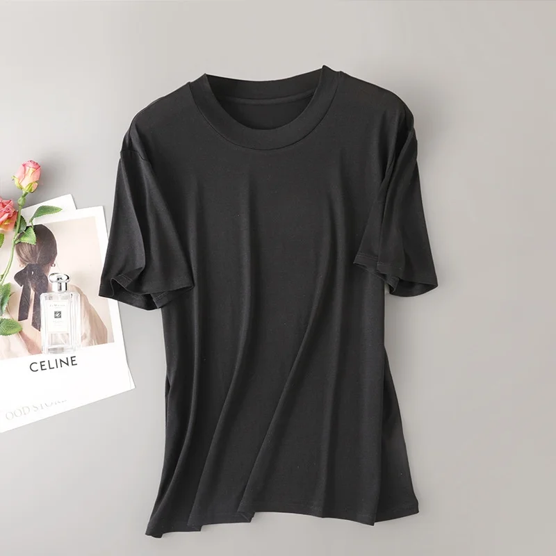 Birdtree, 95% Real Silk Solid T Shirt, O-Neck Soft Tops, Women Knitted Short Sleeve Shirt, 2026 New Breathable Clothes T61030JF