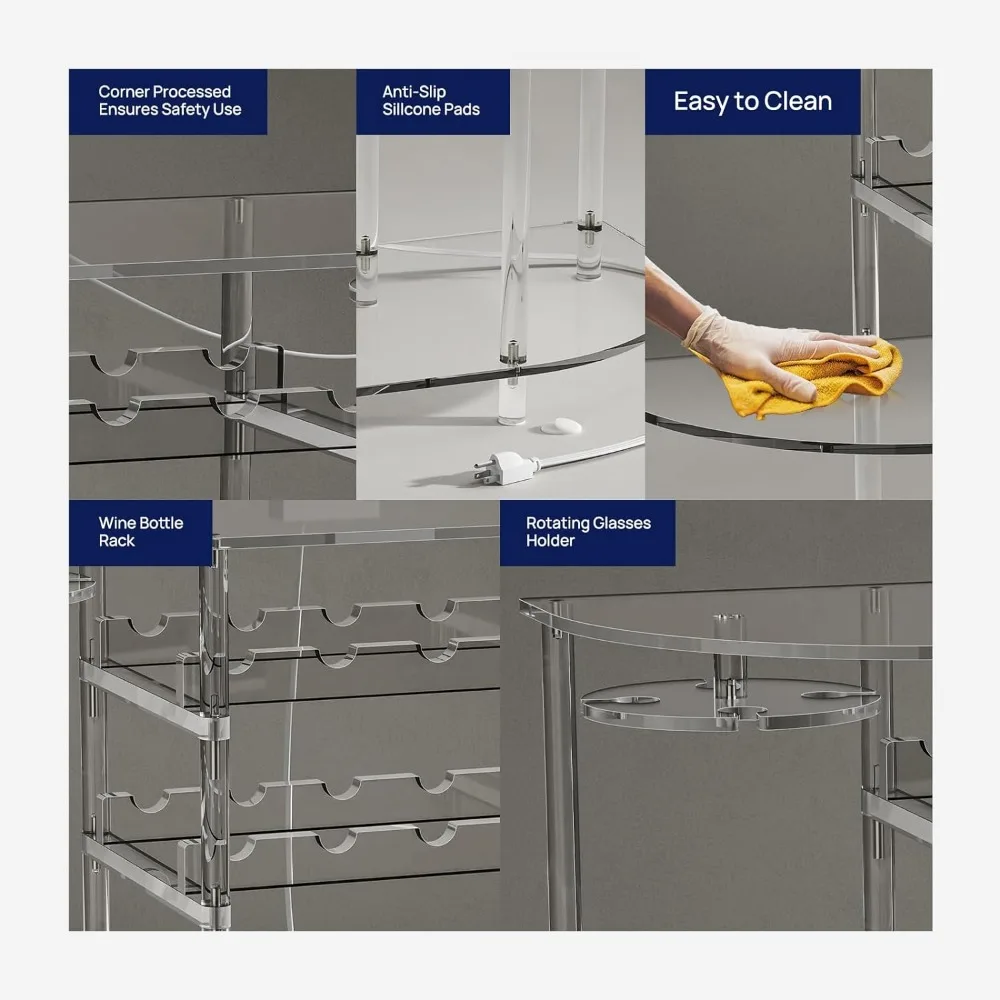 Acrílico Transparente Vinho Armário com Estação de Carregamento e Luzes LED, Vidro Rack e Wine Rack, Home Bar Gabinete