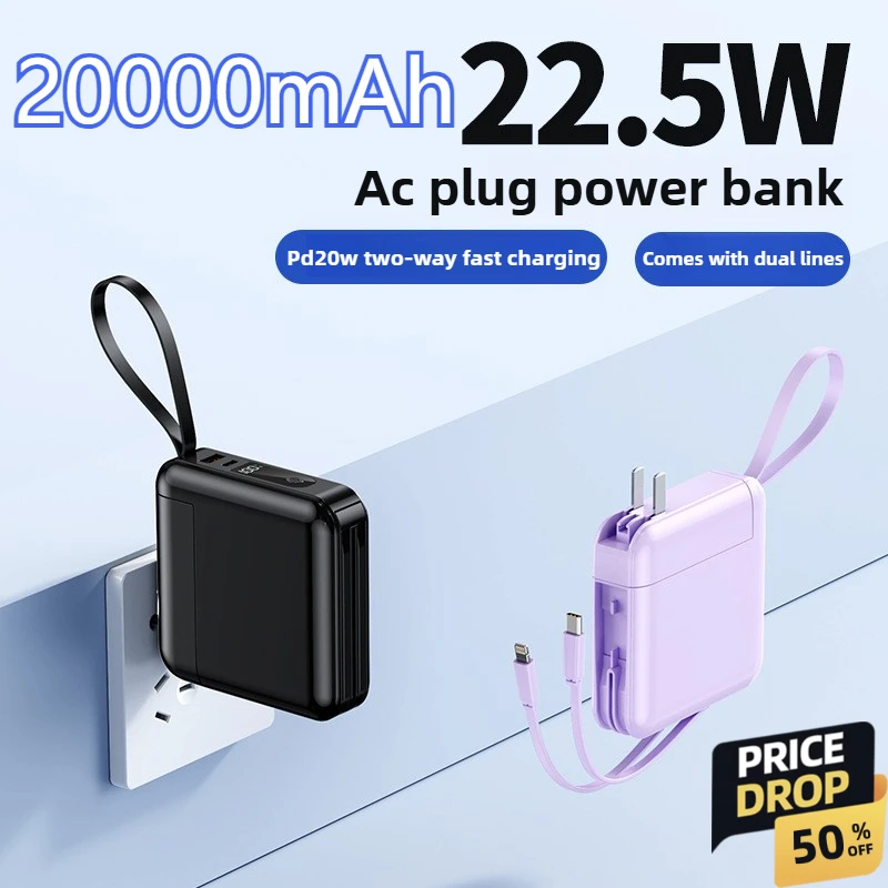 30000mAh Power Bank with Built-in Cable & AC Plug, 22.5W Fast Charging for Mobile Phones and Electronics