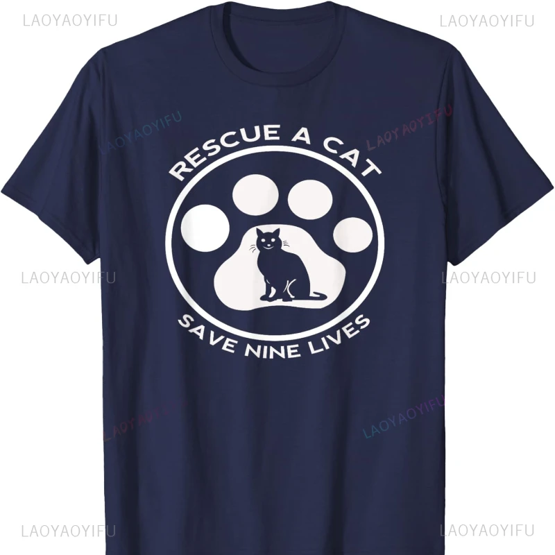 Save Nine Lives Rescue A Cat T-Shirt Great Gifts Cats Lover Graphic T Shirts Funny Outdoors High Quality Cotton Short-sleev Tops