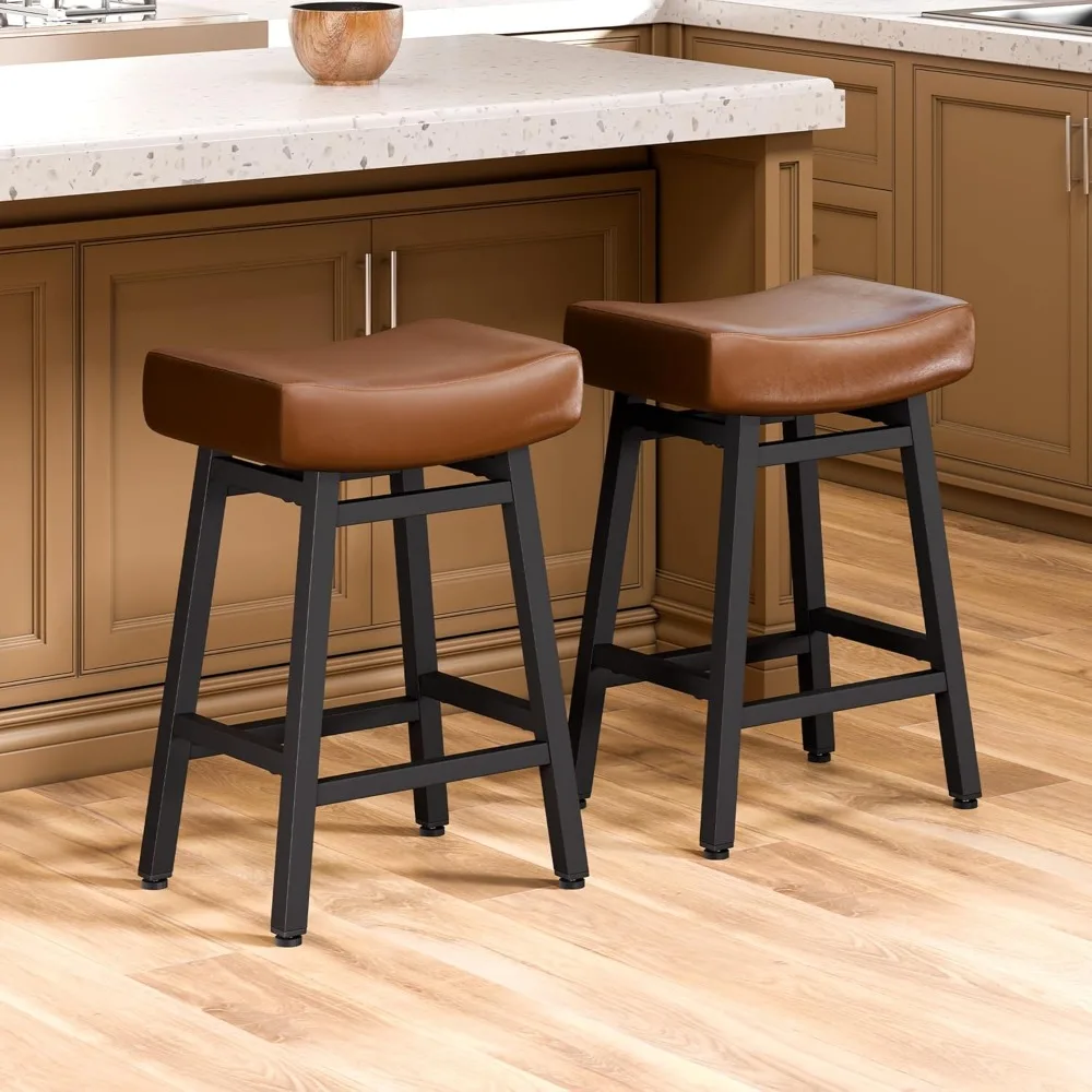 Counter Height Bar Stools Set of 2, 24 Inch Backless BarStools for Kitchen Island Leather Saddle Bar Chairs Kitchen Stools with