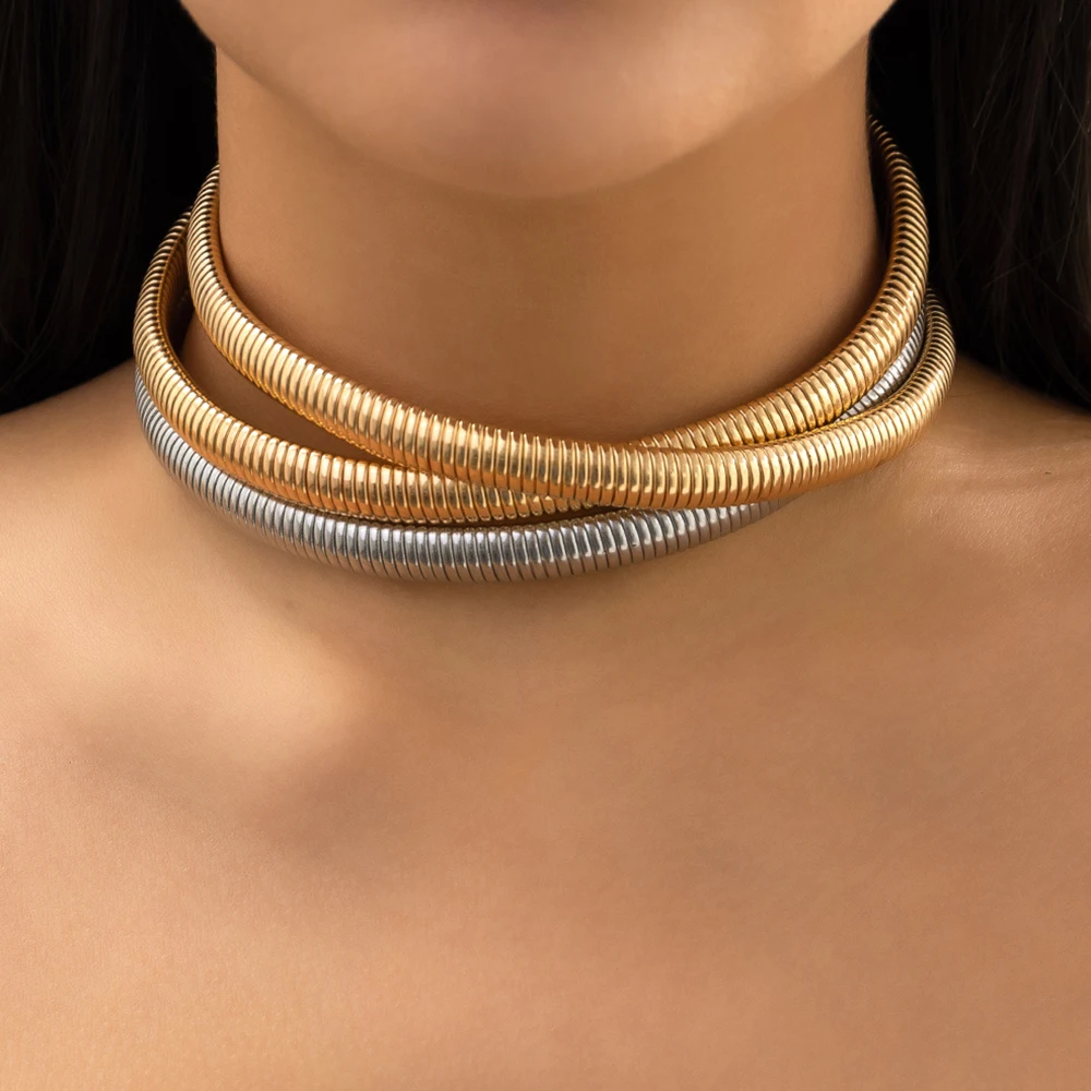 

IngeSight.Z Exaggerated Vintage Multilayer Thick Twisted Metal Choker Necklace for Women Punk Chunky Short Gold Color Collar