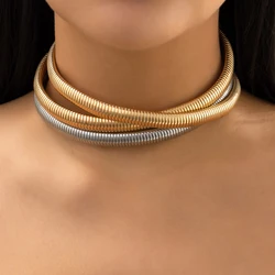 IngeSight.Z Exaggerated Vintage Multilayer Thick Twisted Metal Choker Necklace for Women Punk Chunky Short Gold Color Collar