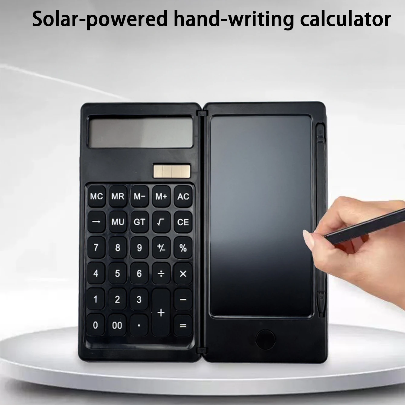 

1 solar-powered handwriting board calculator with a 12-digit large display and dual power sources.