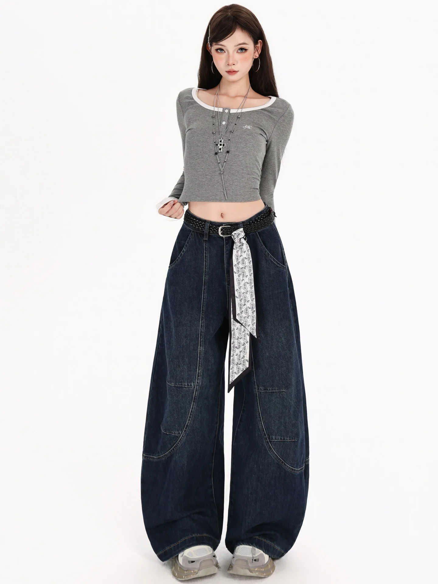 

Американские ретро женские джинсы большого размера с высокой талией, широкие брюки, прямой крой, свободный крой, утягивающий нож, осенняя мода