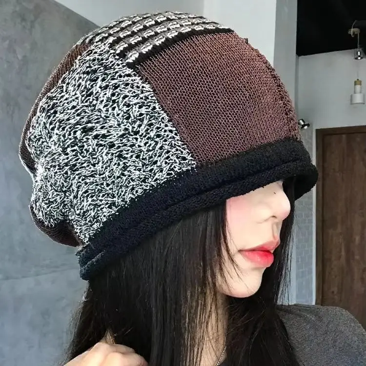 Roll-Edge Patchwork Knit Beanie, Warm Fleece Pull-Over Hat, Relaxed Style, Slimming Winter Hat