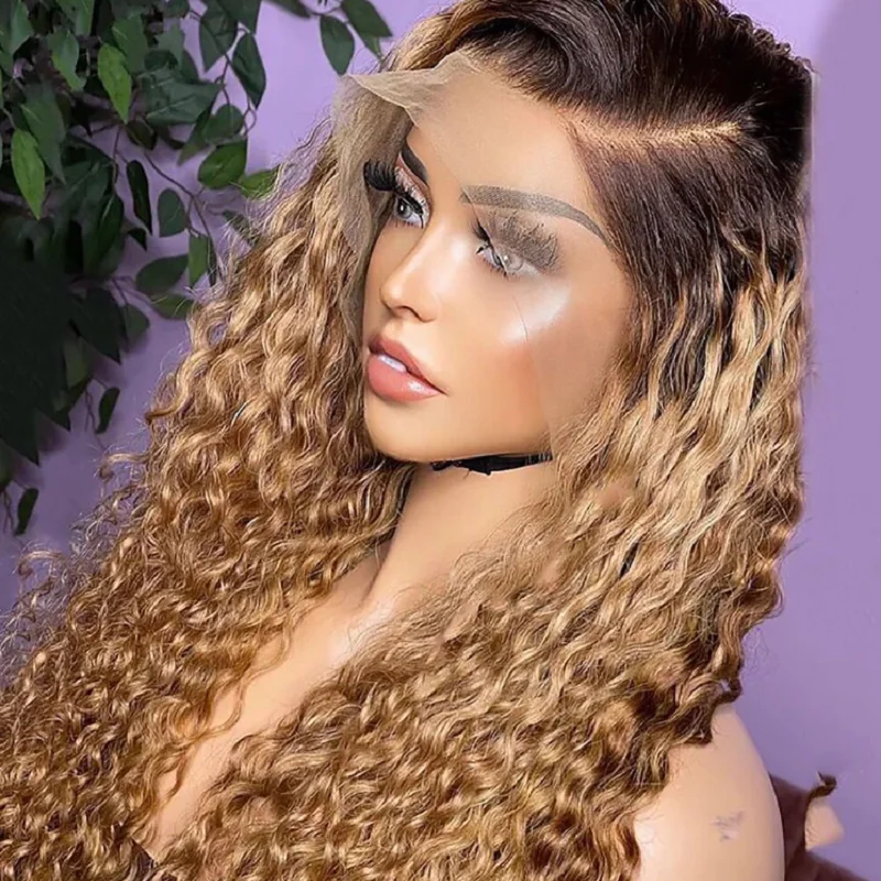 180Density 26inch Long Ombre Blonde Kinky Curly Lace Front Wig For Black Women Baby Hair Natural Hairline Preplucked Glueless