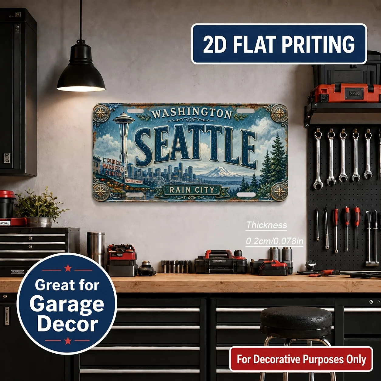2D Flat, [2D Flat] 2D Flat, 1pc, Seattle-themed Vintage License Plate, Home Decor, Birthday Gift, Vintage Wall Art, Industrial-s
