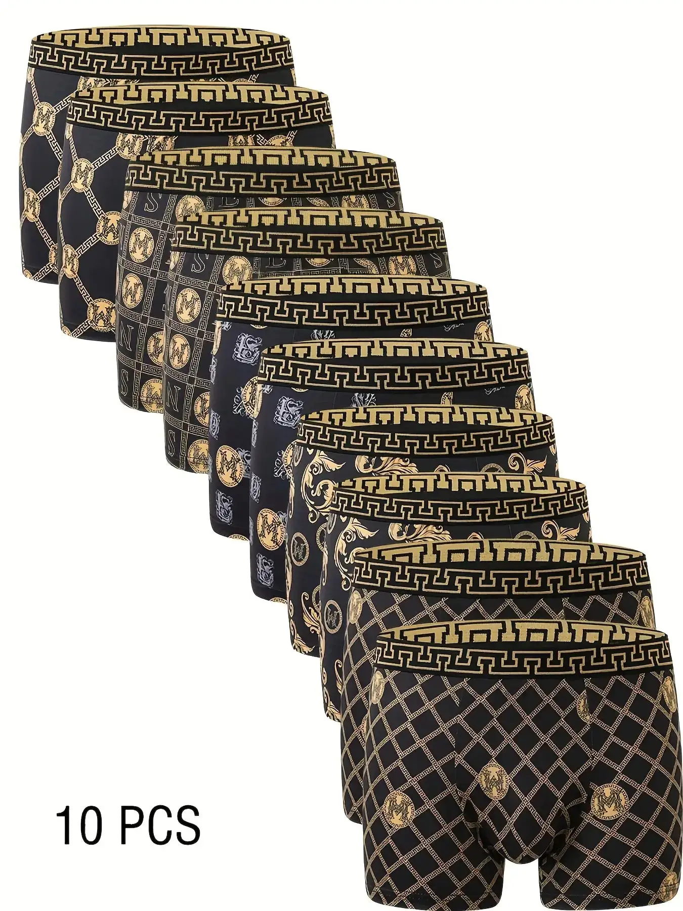 

10pcs Mens Black Gold Greek Style Boxer Briefs Stretch Soft Breathable Underwear