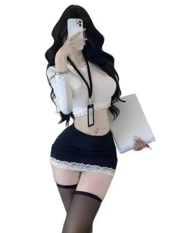 

Pure Desire Secretary Skirt Set OL Tight Transparent Sexy Nightdress Uniform Nightclub Teacher Hollow Out Bodycon Skirt Set 9710