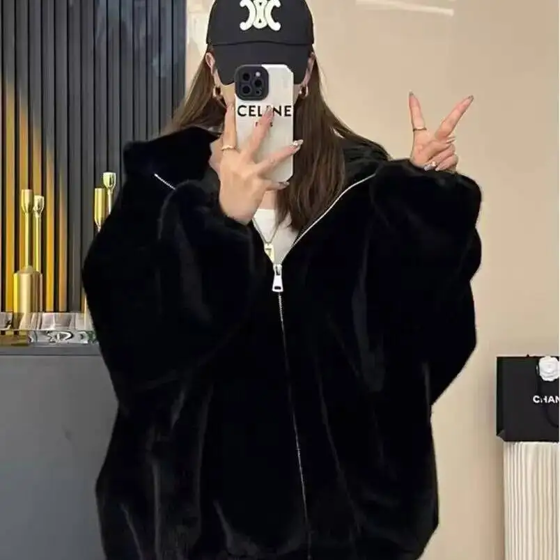 

Women Faux Fur Jackets Hooded Coat Thick Warm Fluffy Shaggy Outerwear Hoodie Overcoat Female Autumn Winter 2026 Streetwear