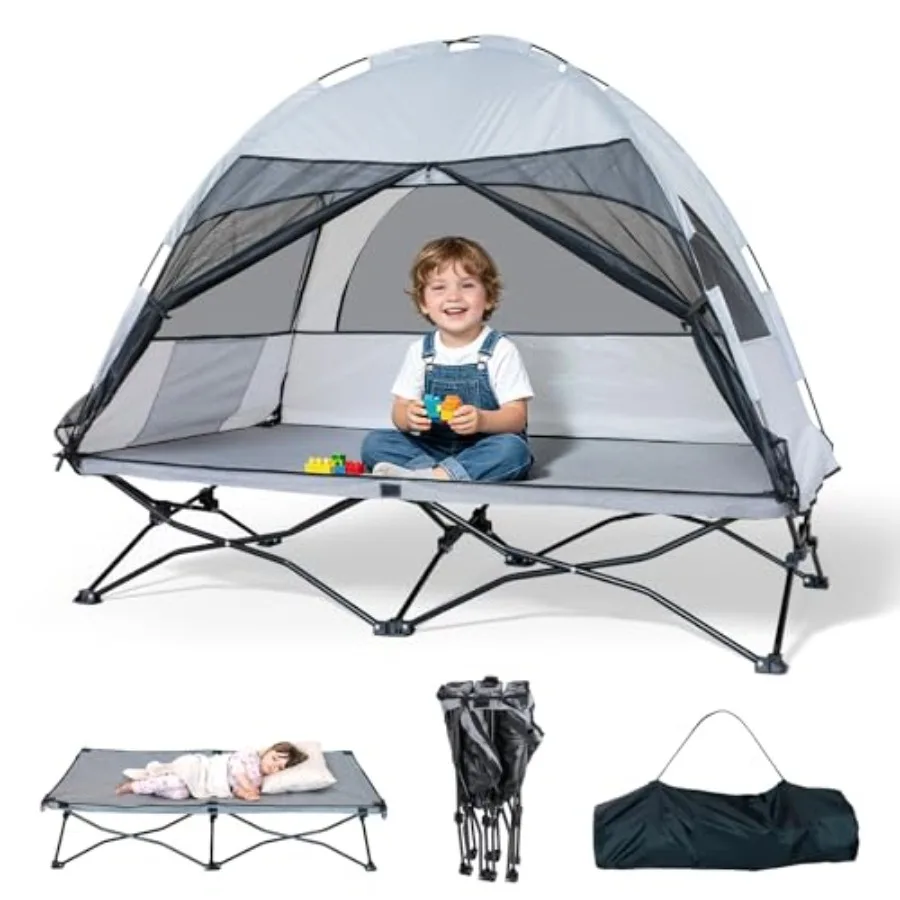 

Toddler Travel Bed with Tent: Portable Cot for Indoor/Outdoor Use, Grey Fabric, Sun Protection Mosquito Repellent