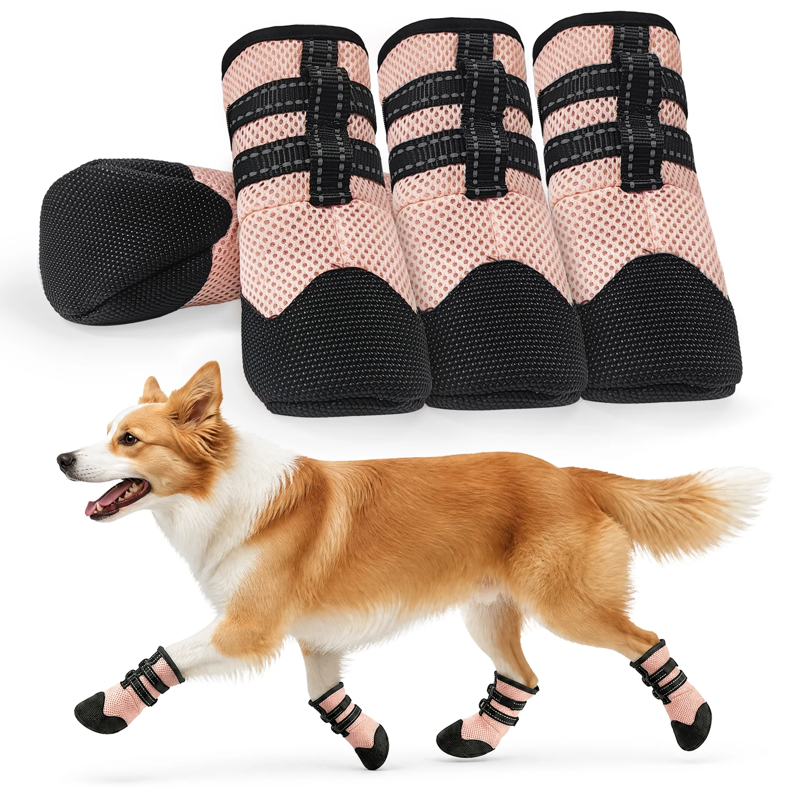 4 Stück Hundeschuhe Atmungsaktive Rutschfeste Hundeschuhe Pfotenschutz für Heißen Asphalt Outdoor-Spaziergänge Schmutz- und Insektenschutz – Detail 2