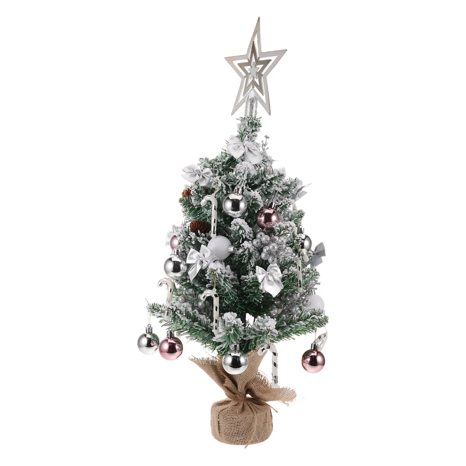

Mini Tabletop Flocked Christmas Tree Snow Pinecones Bowknot Ornament Indoor Cabinet Fireplace Xmas Table Decoration Silver No