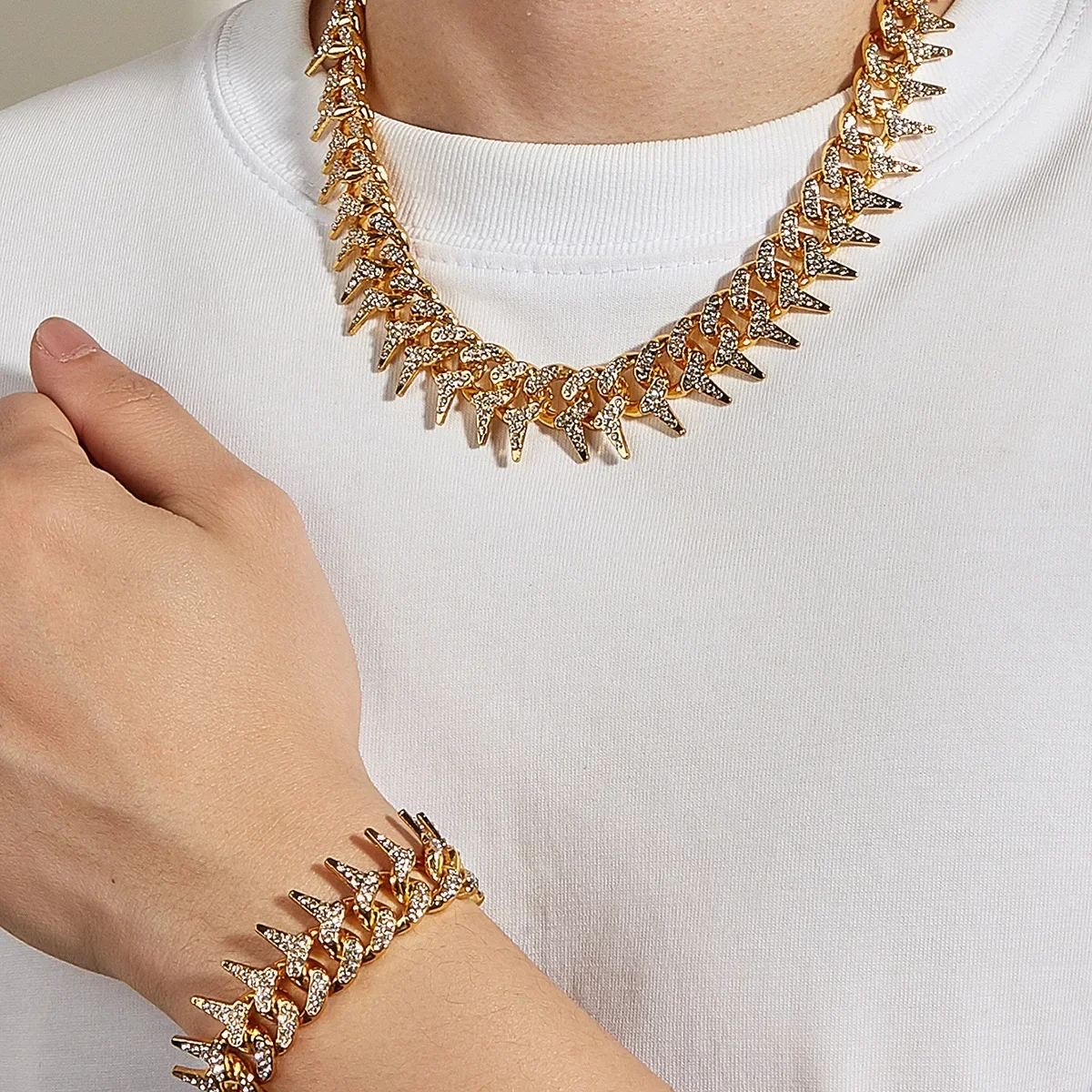 

2pcs/set Necklace+bracelet Y2K Rhinestone Cuban Lozenge Link Chain . Hip Hop Miami Unisex Necklace , Rapper Necklace Jewelry