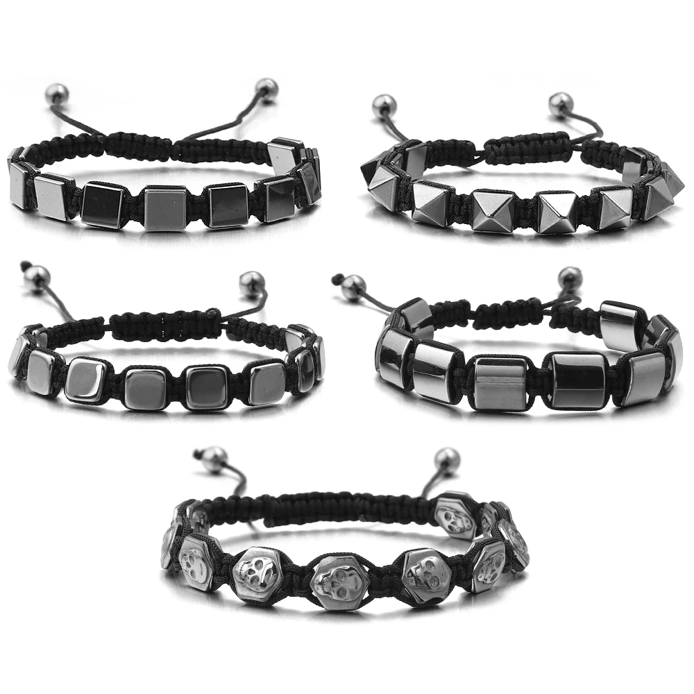 Image of 1-strang natürliches schwarzes Hämatit-Stein-Armband, verstellbar, handgefertigt, geflochtenes Seil, für Männer, personalisierter Modeschmuck für Männer, Geschenke