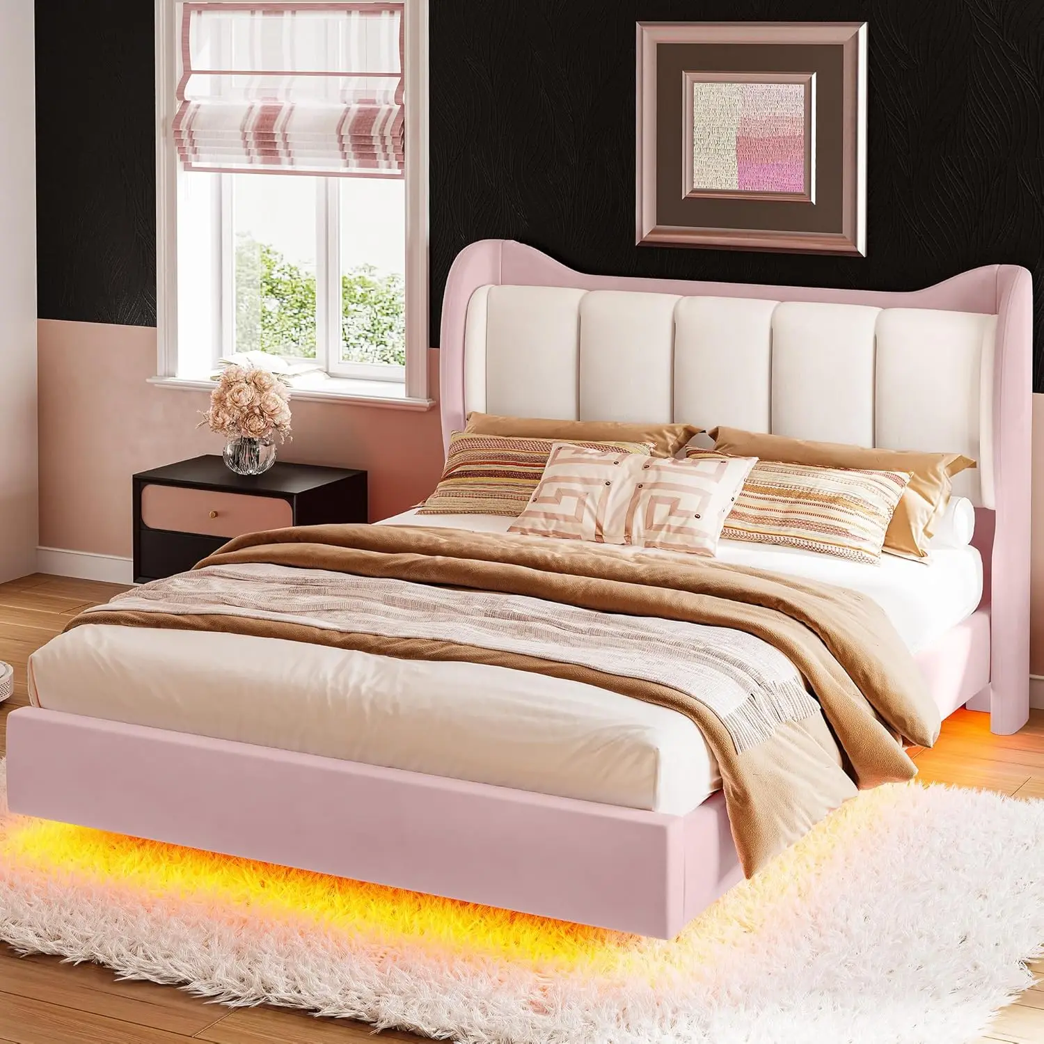 Queen Bed Frame with Headboard, Velvet Upholstered Platform Bed with LED Light, Solid Wood Slats Support, No Box Spring Needed,