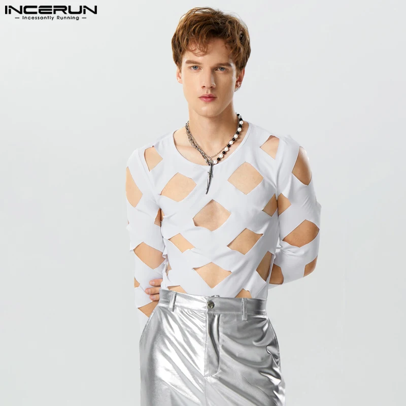 Incerun Heren Bodysuits Effen Kleur Uitgehold Sexy O-hals Lange Mouw Heren T-Shirts Rompers Streetwear 2024 Mode Bodysuit S-3XL