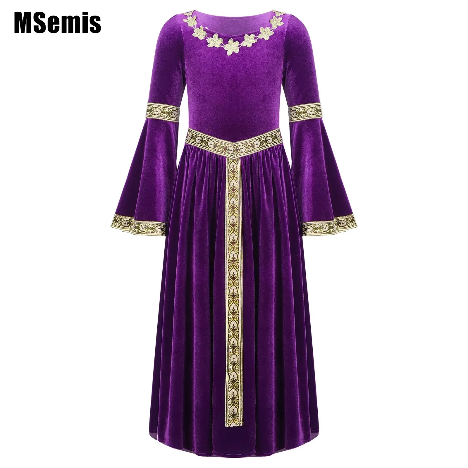 

Kids Girls Medieval Princess Dress Retro Velvet Flare Sleeve Dress Halloween Carnival Party Cosplay Performance Gown Costumes