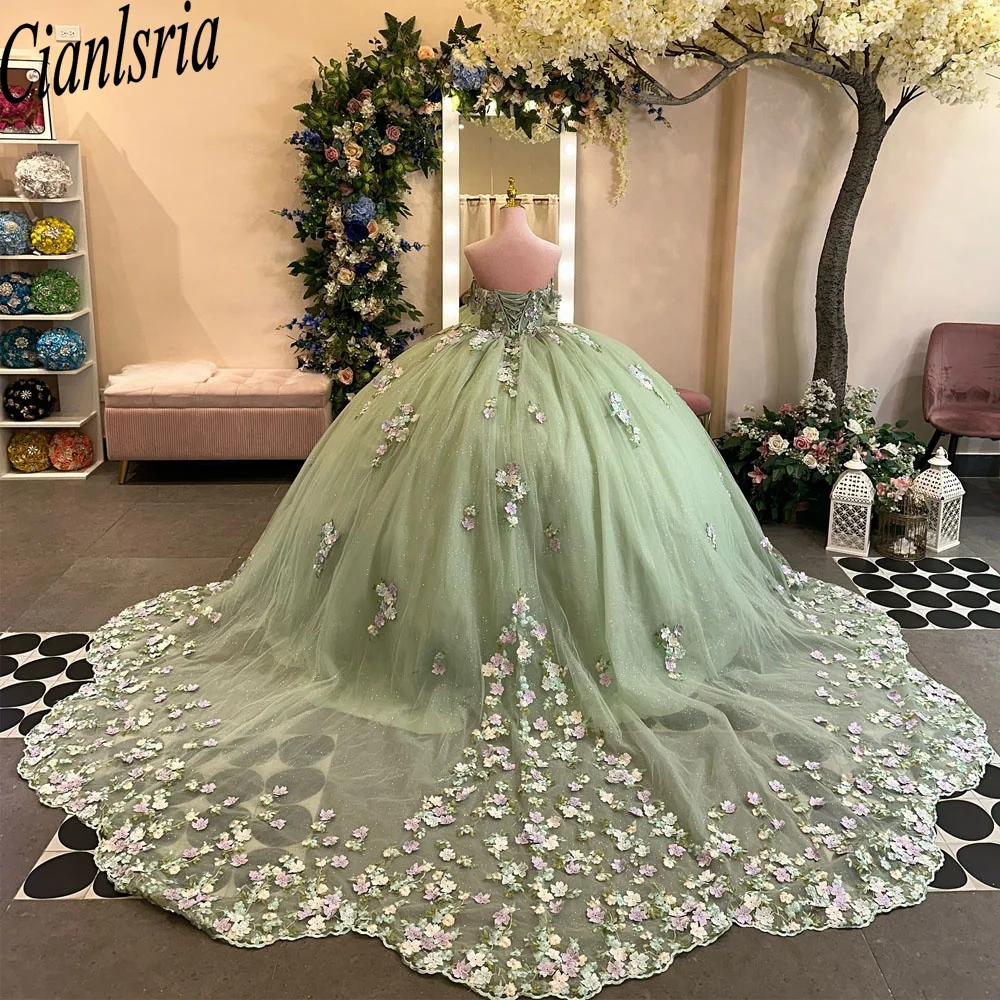 Sage Green Quinceanera Dress With 3D Flowers Appliques Beading Corset Sweet 15 Vestidos De Quinceañera Custom Made