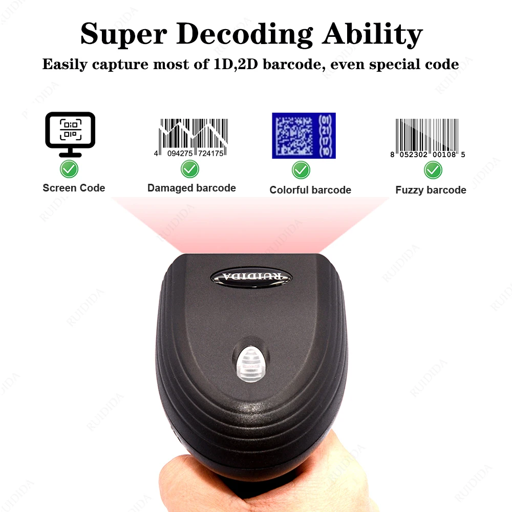 Scanner 2D cablato con supporto o lettore di codici QR wireless con supporto Scanner di codici a barre portatile o lettore Bluetooth e supporto