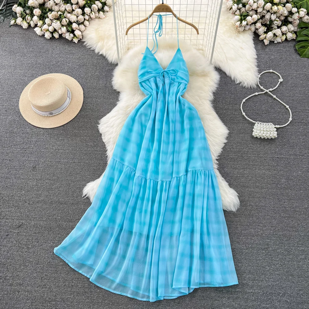 Blue Beach Vacation Big Swing Long Dress women's Hanging Neck Open Back Waist Shrinking A-line Chiffon Dress Summer 2024