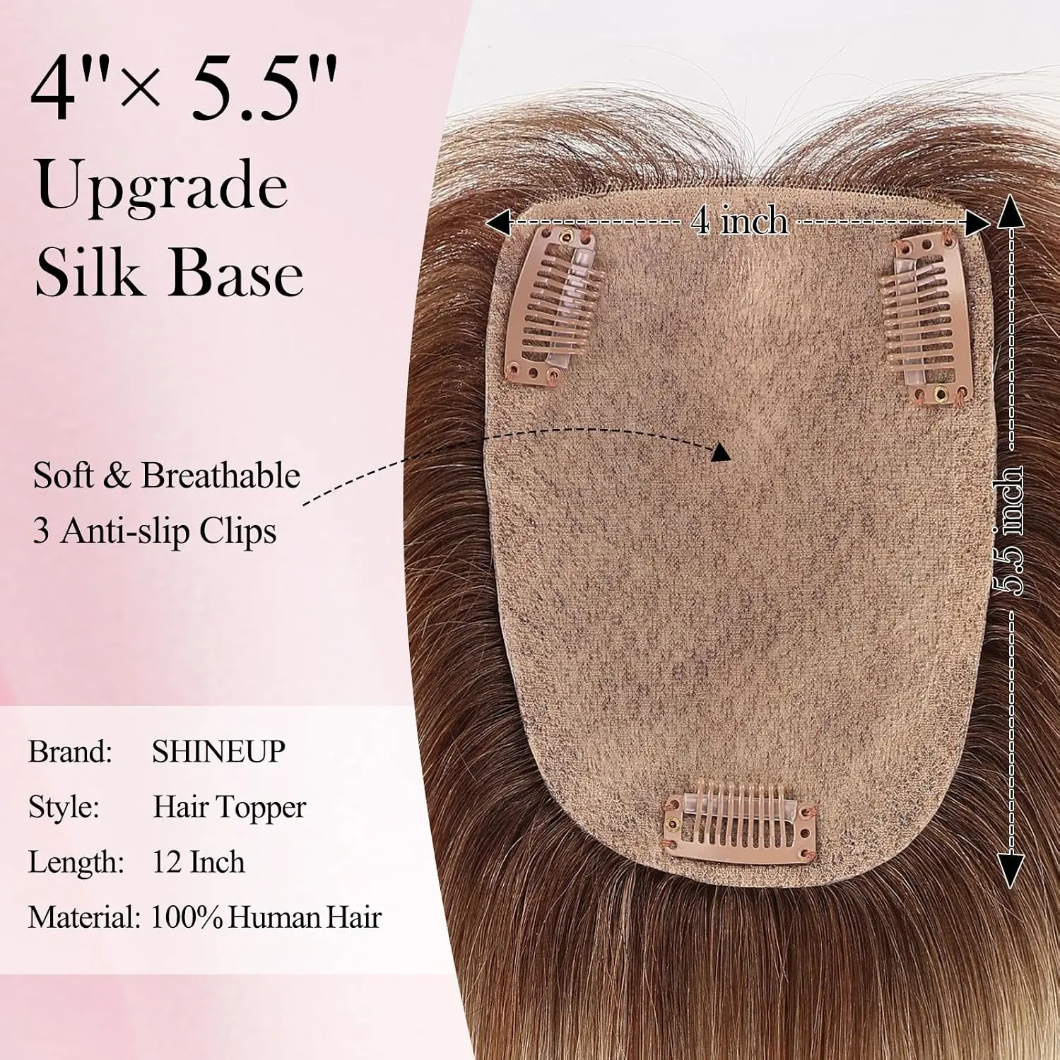 Human Hair Topper 12 Inch 4x5.5 Inch Simulation Silk Base 3 Non-Slip Clips Ombre Blonde with Highlight Hairpiece for Women