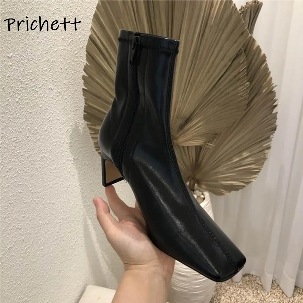 Genuine Leather Elastic Boots Square Toe Solid Chunky Heels Side Zipper All Match Ankle Boots Women's Winter Leisure Shoes 2025