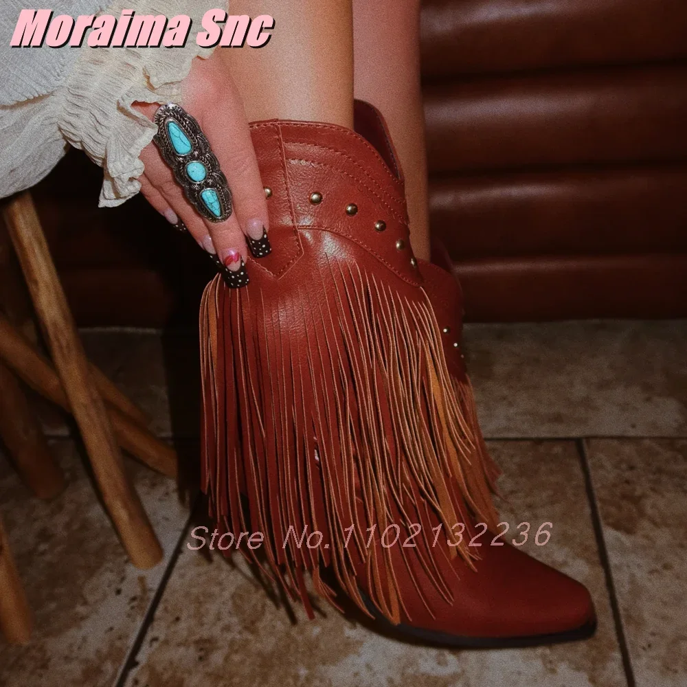 

Fringe Rivet Pointed Toe Ankle Boots Block Chunky Heel Slip On Brown Fashion Women's Western Boots Cowgirl 2025 Spring Autumn