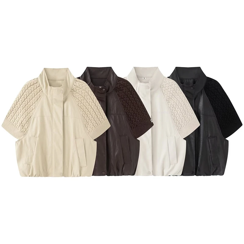 Guobioziy Women's faux leather patchwork knit short-sleeve jacket, stand collar, short and loose coat, business casual fashion