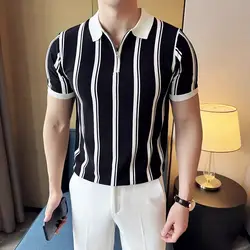 Korean Fashion Men Polo Shirts Summer Trend Smart Casual Lapel Striped Contrast Color Half Zipper Short Sleeve Slim Knitted Tops