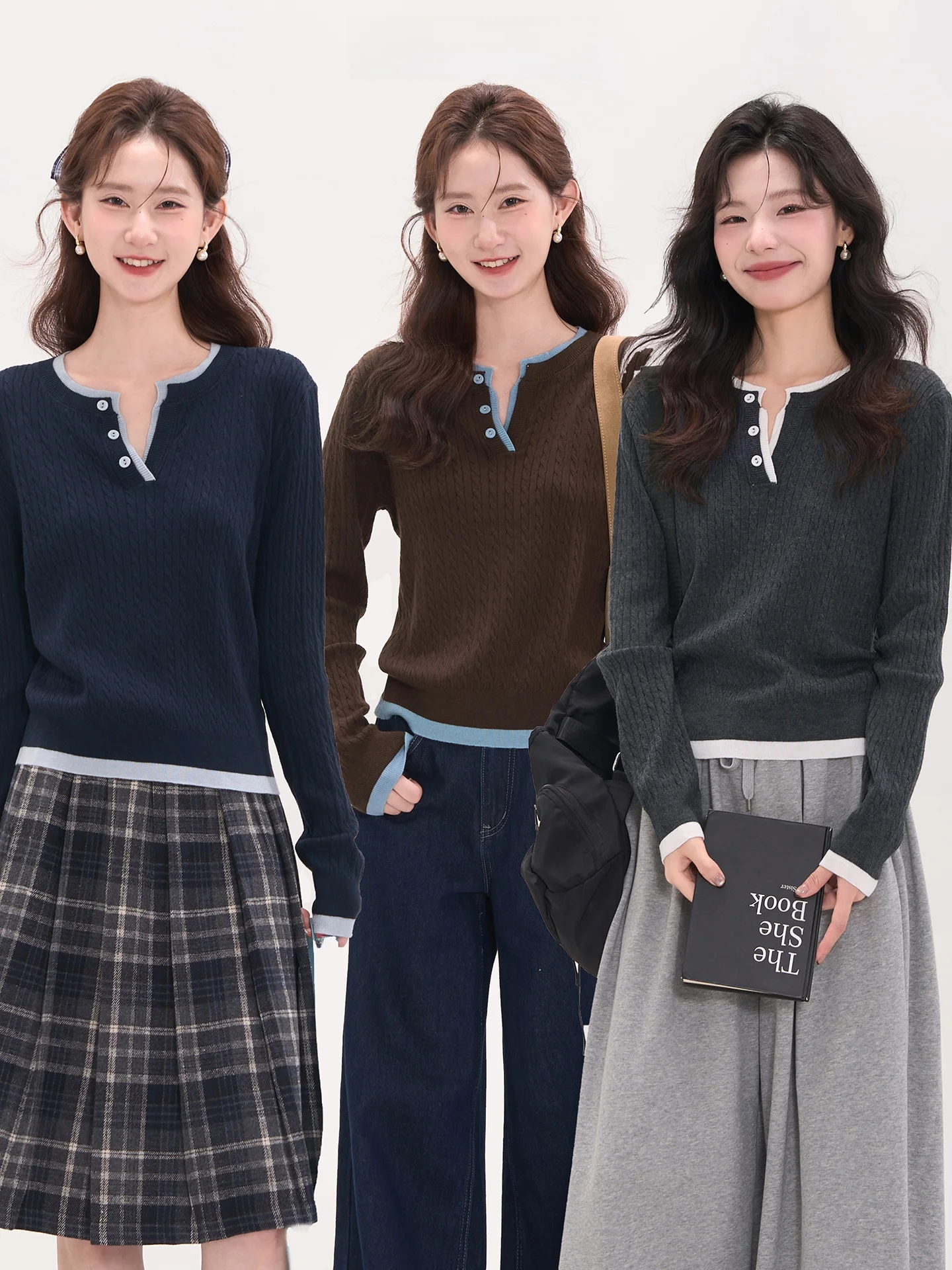 

Осенний вязаный свитер с V-образным вырезом для женщин, повседневный, с длинными рукавами, в стиле колор-блок, из шерстяной смеси, приталенный топ от Heme