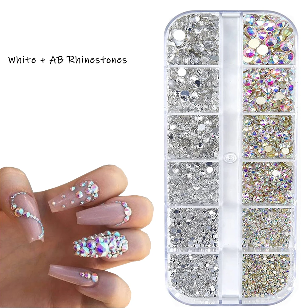 1Box Flatback Glass Nails Rhinestones Mixed Sizes White + AB Color Glitter Crystals Gems For Nails 3D Nail Art Decorations Parts