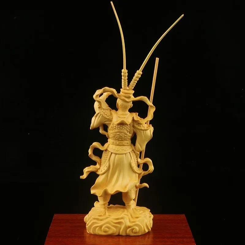 Wooden Monkey King Statue Sun Wukong Figurine, Chinese Mythology Carved Wood Decor Feng Shui Lucky Ornament for Home Office Desk