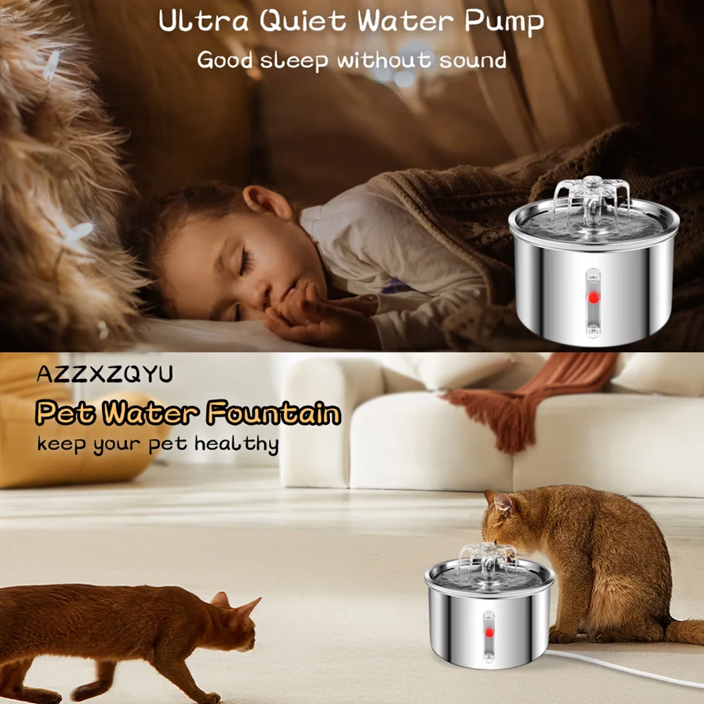 Fuente de agua automática para mascotas de 2L, bomba ultrasilenética de acero inoxidable 304, fuente de agua de circulación automática para gatos y perros