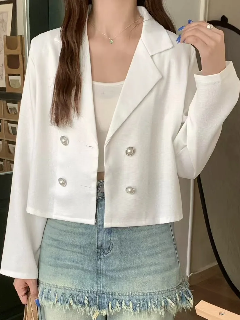 

Ele White Pearl Buttoned Long Sve ort Outerwear Women's Sle Retro Fit Loose Fabric Ladies Faion Autumn Coat