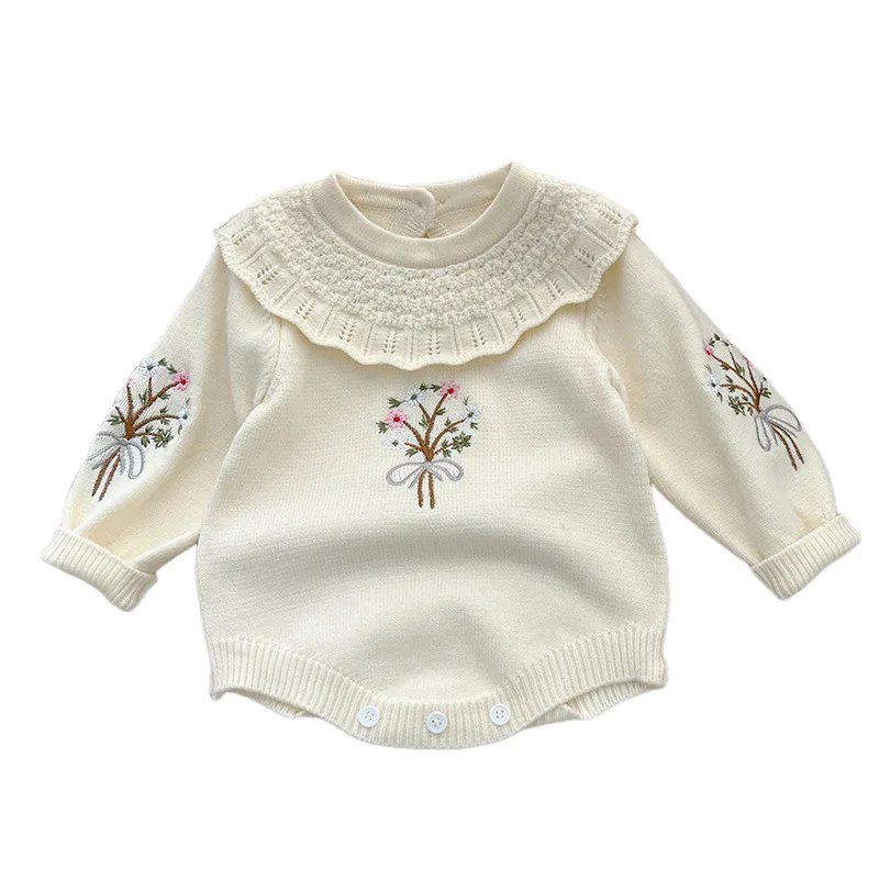 Baby Clothing 2024 Spring and Autumn Baby Knitted Lotus Collar Long-sleeved Clothes Girl Embroidered Sweater Casual Romper