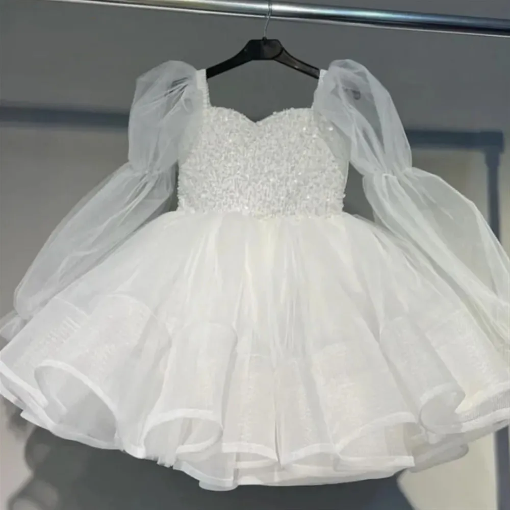 

Customized Luxury Flower Girl Wedding Dress Sequined Full Puff Sleeves Baby Girl Kids Princess Birthday Party Prom Ball Gown