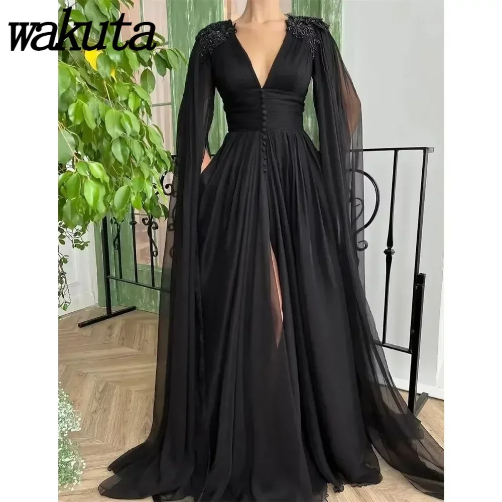 Wakuta Long Tulle Prom Dresses with Pockets 2024 Sexy V Neck Lace Applique Evening Dress Formal Ball Gown vestidos de graduación