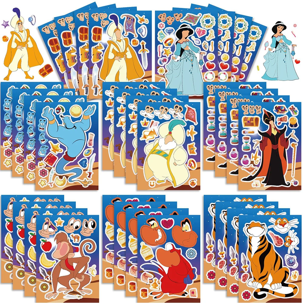 8/16 hojas de pegatinas de rompecabezas de Anime Aladdin, pegatinas de dibujos animados de Disney Princess Make A Face, pegatinas educativas para ensamblar, juguetes educativos